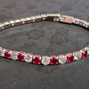 Elegant Red and White CZ Silver Tone Tennis Bracelet 7"